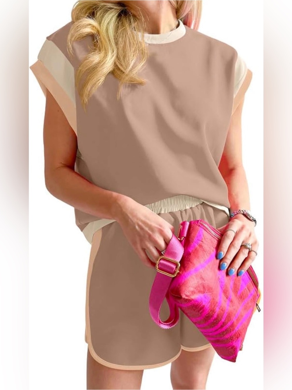 A478 SHEWIN Color Block 2 Piece Short Sets Workout Tracksuit pockets NEW 2XL